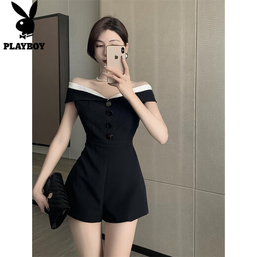 花花公子;PLAYBOY夏季新款法式小个子感气质女神范连身衣裤一字肩连体短裤套装 黑色 S