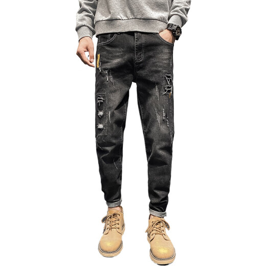 LA HaiLan Home (HLA) same men's ripped jeans summer trendy brand slim feet 2025 new summer 6636 black + 6635 black 34
