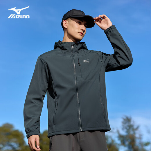 Mizuno Outdoor Soft Shell Jacket Men's Velvet Hooded Mountaineering Casual Windproof and Waterproof Versatile Top Jacket Dark Gray L