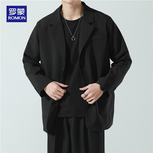 ROMON suit men's spring and autumn trendy loose lapel business single suit casual small suit jacket black XL