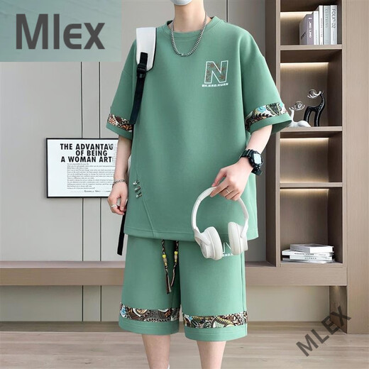 MLEX佳琳娜时尚男装冰丝短袖.t恤男青少年夏装国潮短袖休闲运动套装 6195【短袖套装】米白色 4XL 建议180200斤