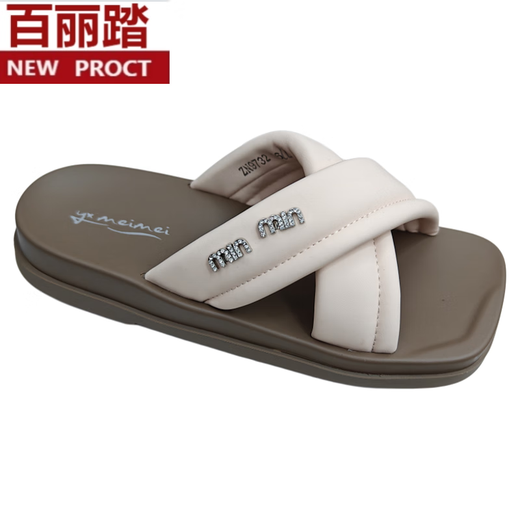 百丽踏夏季舒适拖鞋女2025新款网红平底凉拖女鞋百搭交叉带一字软底凉拖 粉红色 ZN9732 36