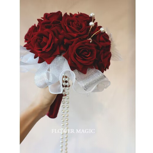 LZJV burgundy pearl tassel crystal flash festive wedding bride holding flower props Pearl rose spherical flower[model]