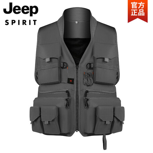 JEEP SPIRIT Workwear Vest Men's Outdoor Sports Most Pockets Photography Fishing Overalls Tactical Running Tools Vest Black 4XL