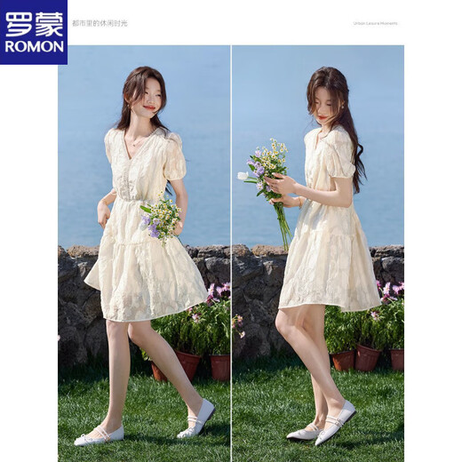 Romon (Romon) reichhaltiges Kleid für Frauen 2025 Sommer neuer französischer Kordelkordel kurzärmelig kleiner Mensch schöner Rock Off-weiße L schlägt 105-115jin [Jin gleich 0,5 kg] vor]
