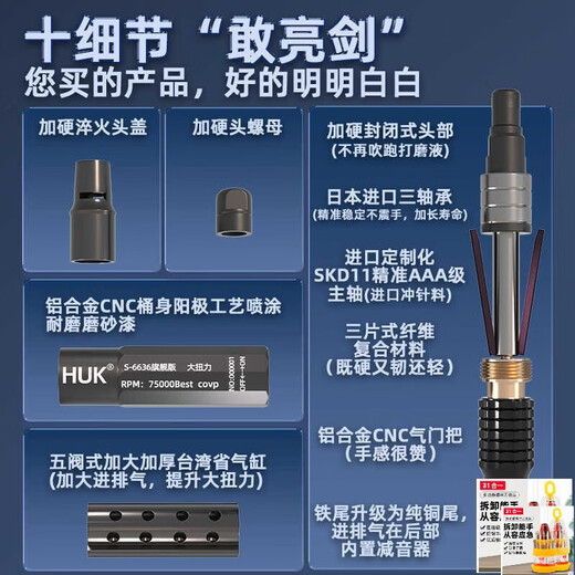 KOWSI小型气动打磨机风磨笔气磨工业级3m柄小型气动打磨抛光S66升级款 6636单机+圆柱形2.5MM（进口打磨