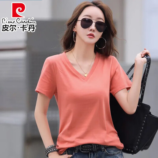 皮尔卡丹（pierre cardin）薄款休闲纯棉v领正肩短袖T恤女夏季韩版新款时尚运动气质T恤衫潮 气质紫(纯棉9854款) S 85-95斤