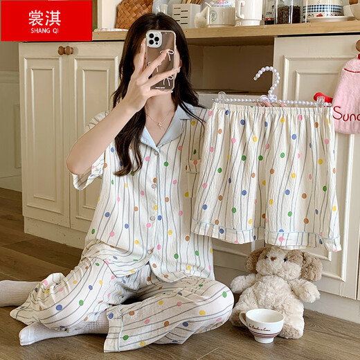 裳淇夏季睡衣女云朵棉翻领开衫短袖短裤长裤三件套甜美少女家居服 9905# M