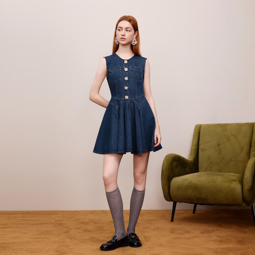 LIME FLARE [Chinese Valentine's Gift] Rhine FLARE 2025 new short waist blue denim sleeveless dress for women summer navy blue XL