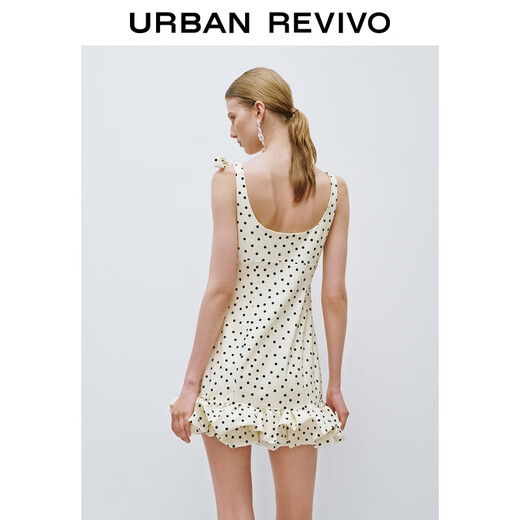 UR2025 summer new women's French polka dot slim lace-up ruffled dress UWG750165 beige print M