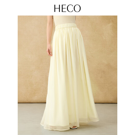 HECO【明媚】新中式双层薄纱遮肉松紧半身裙女2025夏新芭蕾风伞裙 黄色 半身裙 S