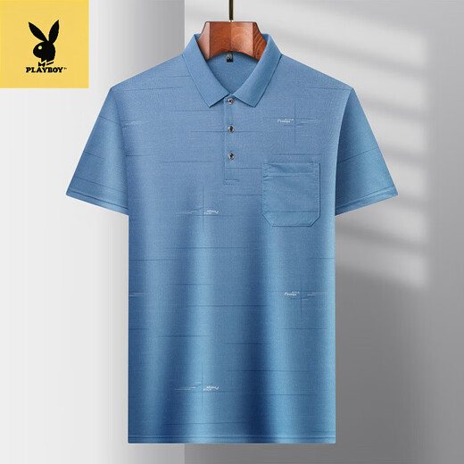 花花公子（PLAYBOY）中年男士薄款冰丝短袖T恤Polo衫 冰丝-9923 蓝色 真口袋 M 48/165
