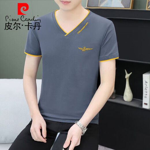 皮尔卡丹（pierre cardin）夏季男士短袖t恤纯棉v字领潮流修身半截袖青年休闲上衣服薄款汗衫 黑色 QY693 M