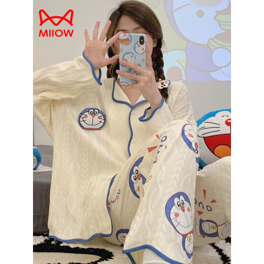
MIIOW KING Catman Elvis pure cotton pajamas for women Spring and Autumn New Long Sleeve Trousers Loose Cardigan Sweet Cartoon Cute Home Clothing Set 9207 Dingdang Cat M [Suggested 80-100Jin [Jin equals 0.5 kg]]