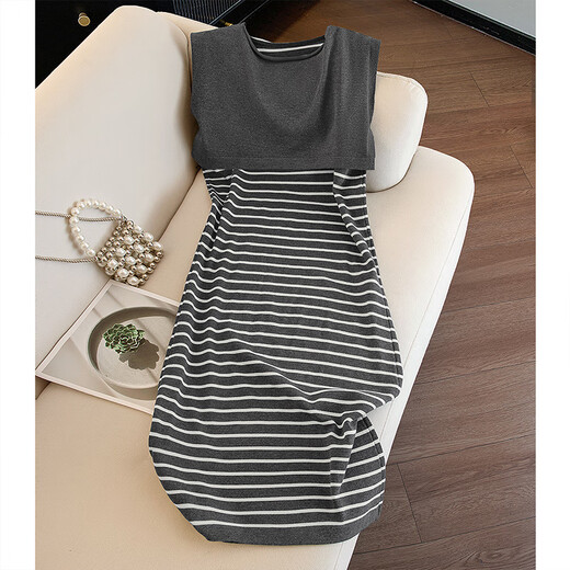 Vestido de rayas de cipreses de seda 2025 Summer Nuevo cuello redondo redondo Falda de chaleco de mangas sin mangas