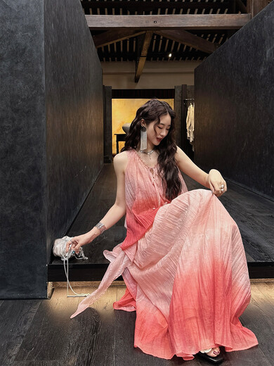 
Sanji Black Flower [Fuyao] New Chinese style smudged Tiansi dress 2025 new halter neck long skirt trendy lotus pink L