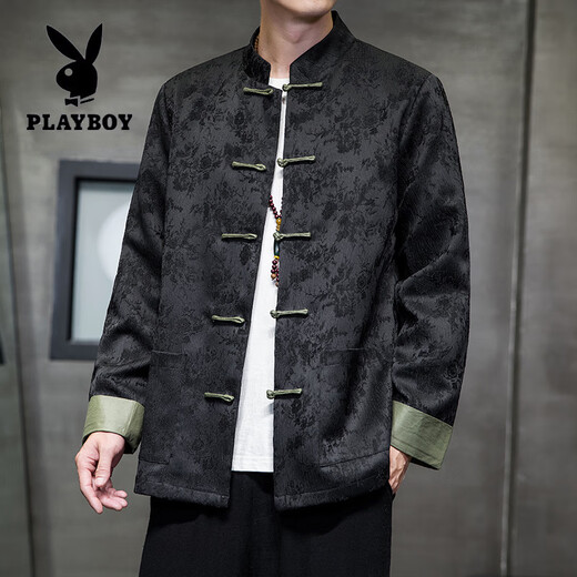 花花公子（PLAYBOY）新中式唐装男中国风秋冬季长袖夹克复古盘扣汉服宽松大码男士外套 Y756黑色 M 100-120斤
