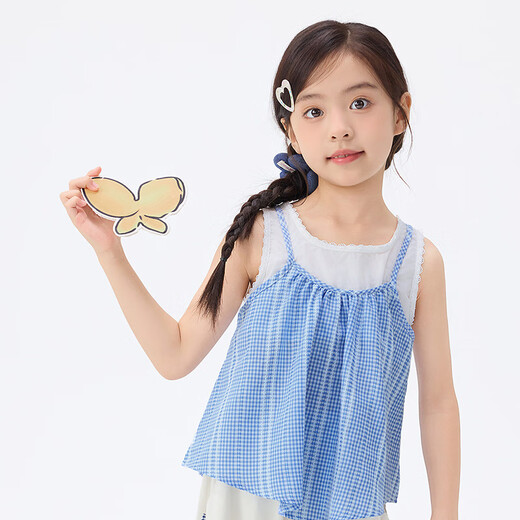 Inman children's clothing girls' sleeveless suspender shirt fake two-piece summer fashion casual plaid top for middle and older children blue grid 140