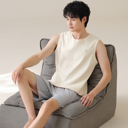 Modal simple pijama de algodón puro simple para hombres, pantalones cortos de chaleco sin mangas de verano delgados de algodón de algodón se puede usar ropa de hogar cómoda fuera de Omm13657 hombres l -