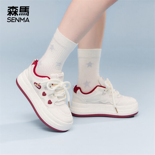 森馬小白鞋女鞋面包鞋2025新款夏季网面透气户外运动鞋增高百搭休闲鞋 米紫色 36