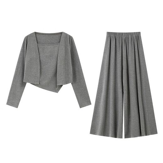 Vanciaman slim meat cover suit for women in autumn new slim suspender top skirt casual three-piece set dark gray L