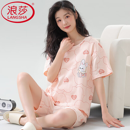 Langsha Pajamas de alta gama para mujeres en verano delgada de algodón puro de algodón puro estilo princesa linda se puede usar afuera con juego de ropa para el hogar de gran tamaño LS5009 Set corto M Peso de las mujeres 70-95 Jin [Jin equivale a 0.5 kg]