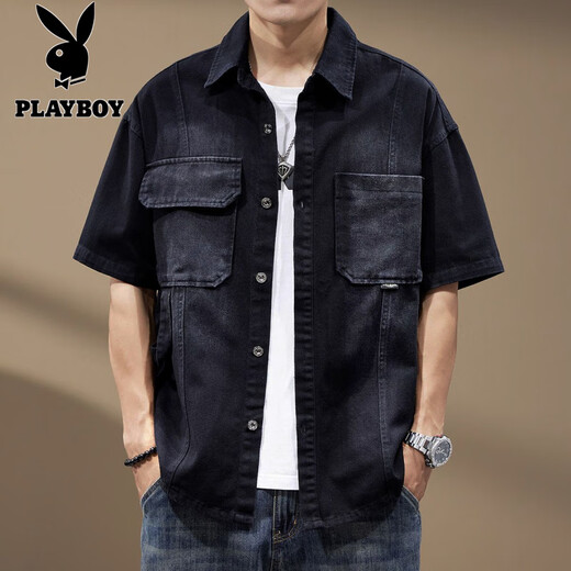 Playboy (Playboy) Summer American Retro Denim Shirt Men Men de travail à manches courtes à manches à manches