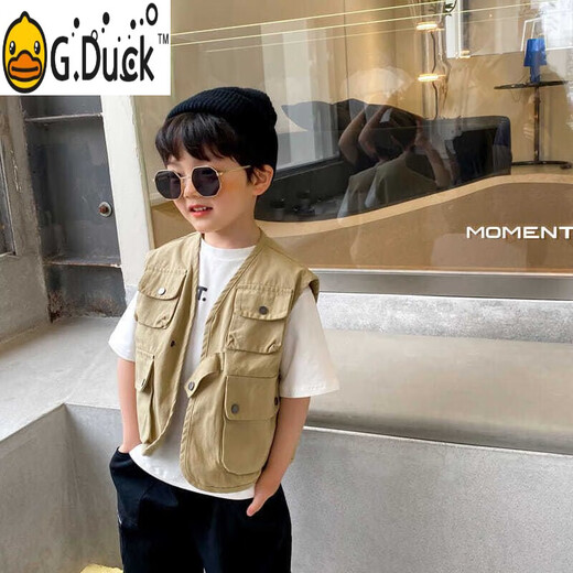 G.DUCKKIDS儿童装马甲男童秋装帅气韩版背心春秋款工装坎肩洋气马夹男孩外套 卡其色 120 cm