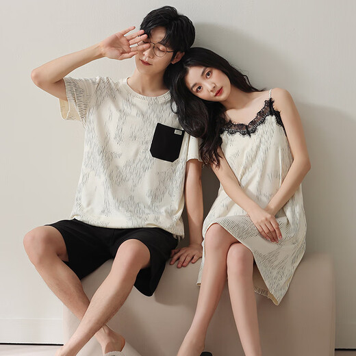 
GPHF Japanese new couple pajamas for women in summer cotton thin nightgown sexy suspender men short-sleeved home clothing set QH9902 M women + men XL