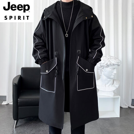 JEEP SPIRIT windbreaker men's spring and autumn mid-length over-the-knee loose hooded velvet coat large size trendy brand winter thickened coat 994-khaki plus cotton M 100-120Jin Jin equals 0.5 kg