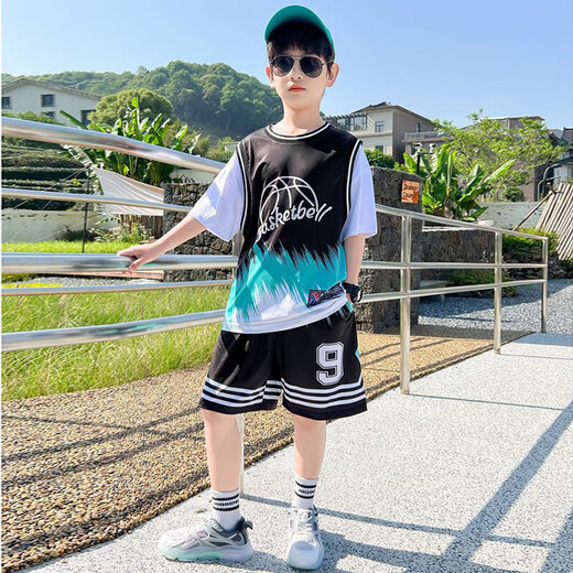 
Children's boys summer thin short-sleeved medium-sized children's new quick-drying sports boys basketball uniform suit No. 9 basketball uniform - black 150 Recommended height 140-150