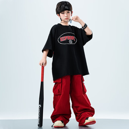 Fairy tale cool children's street dance trend clothing June 1st National Day New Year's Day hip-hop performance clothing Spring and autumn summer boys and girls drums performance clothing A672 black short-sleeved + trousers Women's style 160 size recommended to wear about 155cm in height