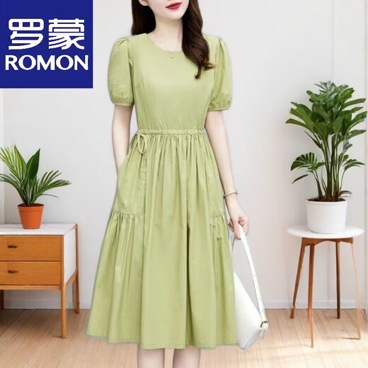 罗蒙（ROMON）气质棉麻连衣裙宽松2025夏季新款韩版收腰显瘦时尚中长款裙子 经典黑色 XL 116-125斤