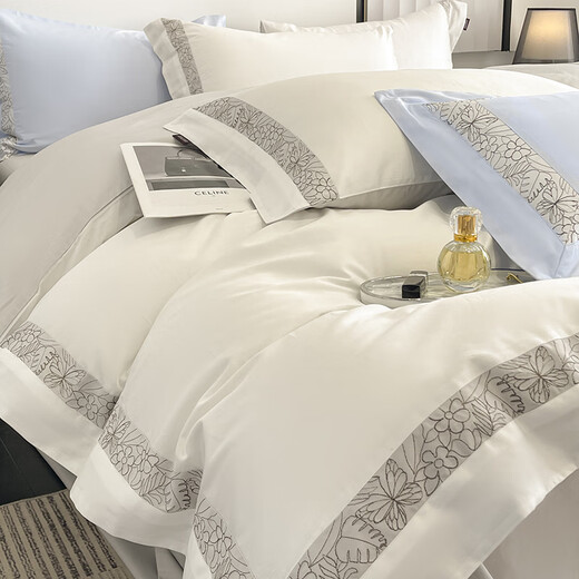 Hengyuan high-end 100-count long-staple cotton solid color bed four-piece set Class A pure cotton quilt cover quilted fitted sheet high-end Nolan-white powder fitted sheet 1.8m quilted four-piece set