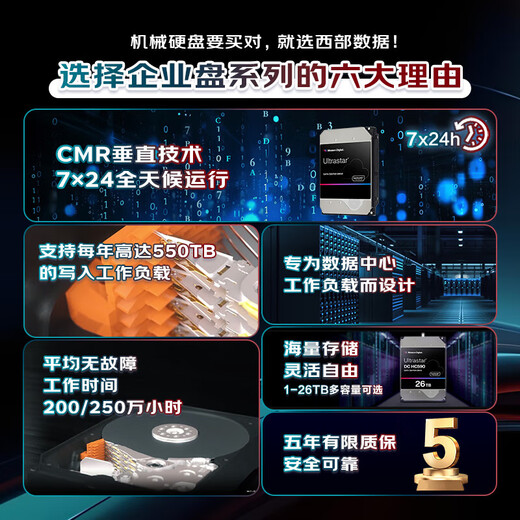 西部数据（WD）Ultrastar 企业级机械硬盘 服务器数据存储 CMR垂直 SATA 3.5英寸 8TB HUS728T8TALE6L4 全新国行 5年质保