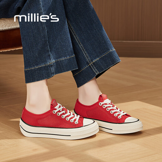 妙丽（Millies）网面鞋女透气百搭休闲板鞋女夏季薄款帆布鞋小白鞋女鞋 红色 36