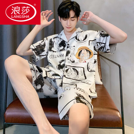浪莎（LangSha）冰丝睡衣男士夏季短袖裤薄款青年男生夏天男款家居服2025新款套装 12532【云朵棉绉布款】 L (建议身高170左右，体重100-