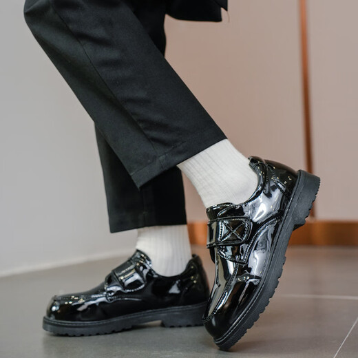 甜苗苗男童皮鞋软底儿童校园表演鞋新款小男孩演出英伦风学生黑色小皮鞋 男童黑色小皮鞋【升级魔术贴款】 34 码【鞋内长约214mm】