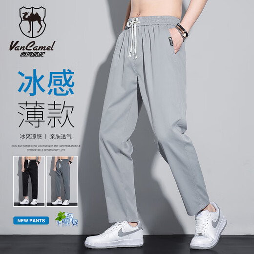 西域骆驼（VANCAMEL）休闲裤男夏季青年运动薄款透气宽松冰感直筒裤 浅灰 3XL
