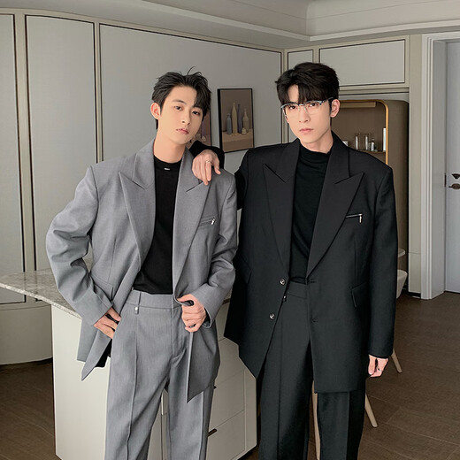 HUALUNDESIGN Autumn and Winter Korean Casual Suit Suit Men's High-end Handsome Loose College Student Suit Matching Set Black Top XL