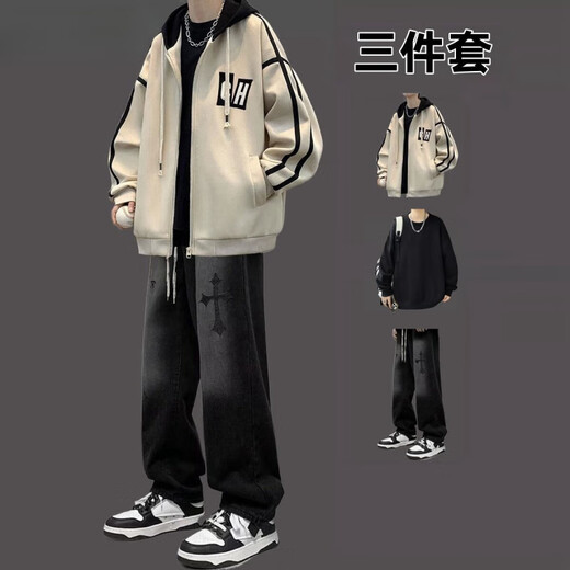 An Chuxia hooded baseball uniform jacket suit men's spring and autumn complete set with jeans men's student three-piece trendy three-piece hooded baseball uniform khaki + black T + denim XL number recommended 125-140Jin Jin equals 0.5 kg