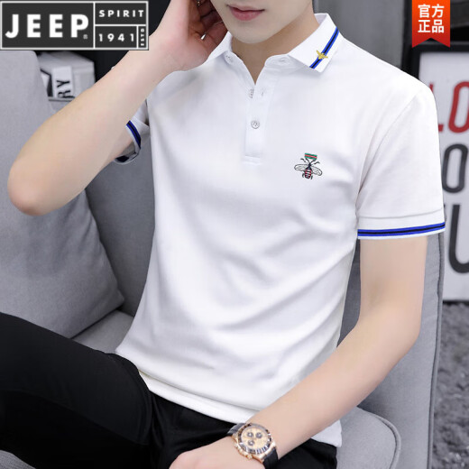 JEEP SPIRIT珠地棉保罗刺绣Polo衫男士修身短袖t恤夏季翻领上衣透气半袖体恤 S5012款 黑色 M 适合95-115斤