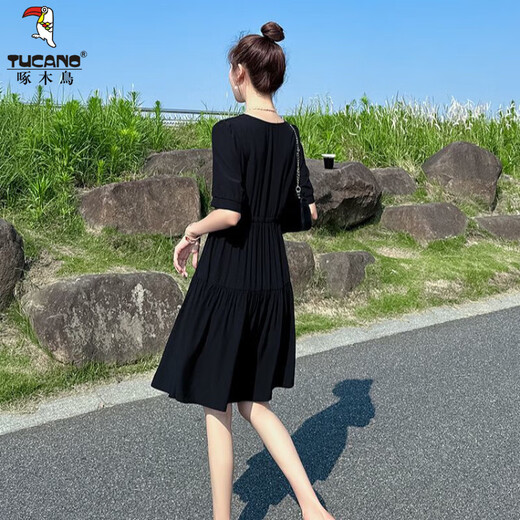 Woodpecker Small Dress Summer Women's 2025 New Age Reducing Temperament French Waist Slimming Skirt Women's Clothing Summer Black M [Suggested 100-115Jin [Jin equals 0.5 kg]]