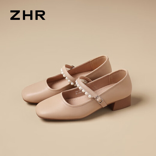 ZHR玛丽珍鞋女夏季粗跟真牛皮珍珠女鞋气质百搭单鞋女 AH692 杏色 37