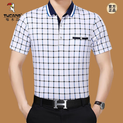 Woodpecker 2020 summer short-sleeved T-shirt for men middle-aged mercerized cotton casual lapel loose plaid t-shirt large size dad suit light green 6625 M m 165
