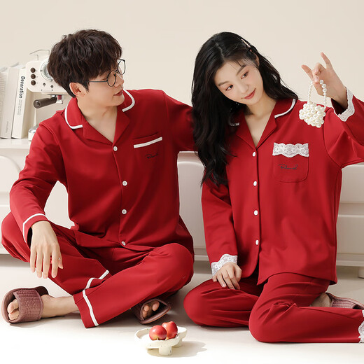 Fenton Ke'an soft pure cotton couple's pajamas spring and autumn long-sleeved cardigan solid color big red wedding wedding home wear two-piece set