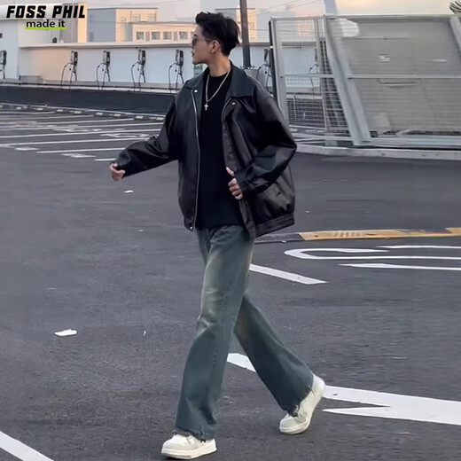 Foss Phil leather jacket men's autumn and winter retro pu leather jacket casual lapel solid color top Q2499 black L