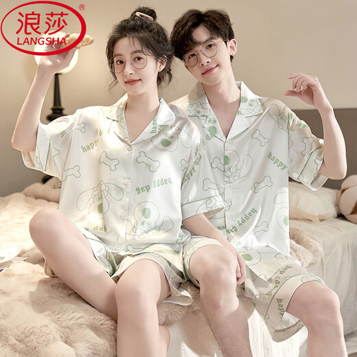 浪莎（LangSha）真丝情侣睡衣夏季薄款男女大码宽松可爱卡通可外穿夏天家居服套装 13076-13077 【专柜旗舰品质】 M 女男L