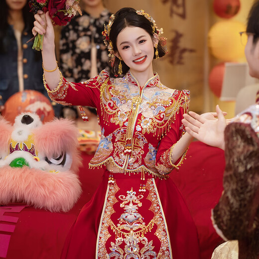 枝己情侣秀禾服2025新款中式婚纱新娘敬酒服嫁衣结婚礼服出阁服 HF045(仅女装) M