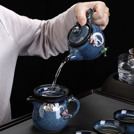 Beautiful and high-quality tea set set with gilt silver obsidian glazed Kungfu tea set complete set of ceramic teapot and tea cup as a gift Lan Fei teapot Jiaolong tea washing Tenglong 15 pieces
